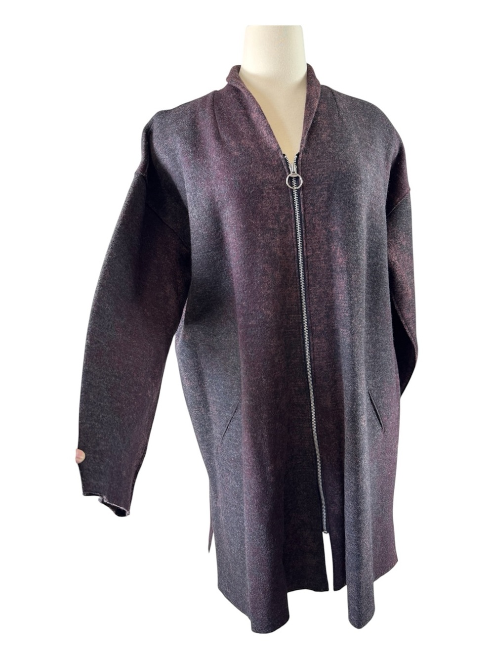 Eileen Fisher Long Zip-Front Wool Coat Cardigan in Plum-Charcoal Oversize M
